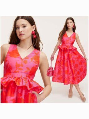 KATE SPADE NEW YORK FLORAL JACQUARD PINK & RED PEPLUM MIDI DRESS
